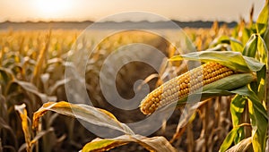 Field with ripe corn, sunlight agriculture organic