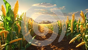 Field with ripe corn, sunlight agriculture organic harvest banner natural healthy
