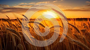 A field of ripe wheat at sunset with a bright sun, AI