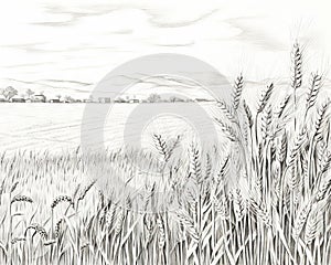 field of ripe wheat, whole dry ripe rye, and wild weed grass is depicted in a pencil drawing.