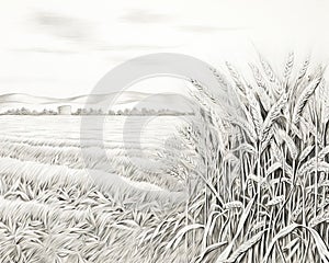 field of ripe wheat, whole dry ripe rye, and wild weed grass is depicted in a pencil drawing.