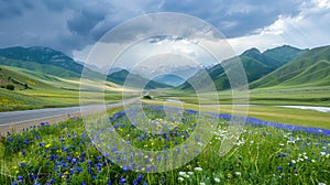 field road, blue and purple flowers in a clearing along the road, mountains on the horizon and blue sky