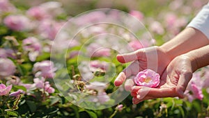 Field of roses in sunny summer day