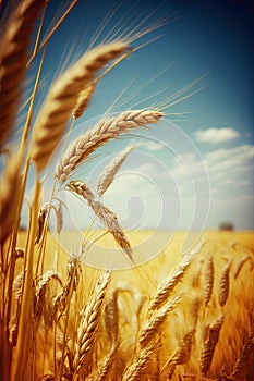 Field of rye yellow spikelets and sky.