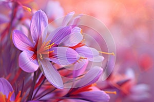 Field of saffron sativus bulbs with deep red stigmas during autumn harvest