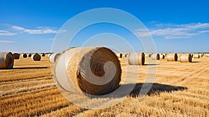 A Field Scattered with Freshly Made Straw Bales and Clear Blue Sky. Generative Ai