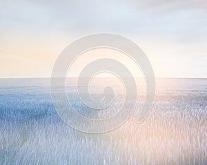 Field and sky soft landscape. Light delicate pastel color tone. Nature horizontal background