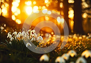 A field of snowdrops in the middle of a forest at sunset