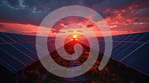 A field of solar panels stretches towards a vibrant sunset