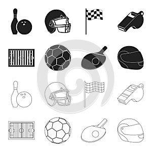 Field, stadium with markings for playing football, football ball, racket with a ball for ping-pong, protective helmet