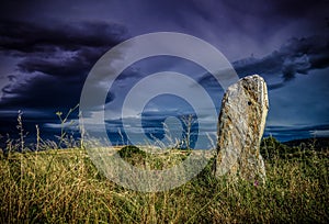 Field with stone monolith in tarazona Spain photo