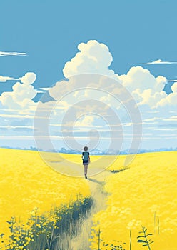 Field summer spring landscape female sky nature beauty yellow girl