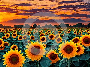 Field of sunflowers illuminated by the sunset