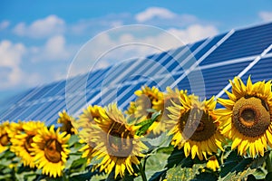 Field of sunflowers with pohotovoltaic solar cells in blurry background