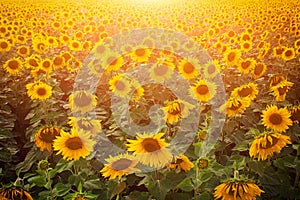 Field of sunflowers at sunset