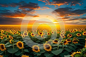 Field of Sunflowers at Sunset with a dramatic cloud formation. Generative AI