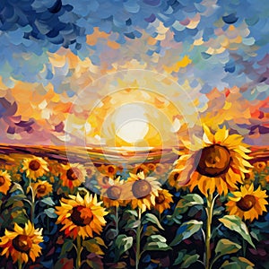 A field of sunflowers at sunset. Oil painting texture. Impressionism style.