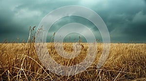 A field of tall dry grass and wilted crops with a dark and smoggy sky looming overhead. This image depicts the current photo