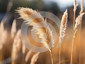 Field of tall grass is visible. The grass has long stems and blades that are swaying in wind. The scene captures beauty