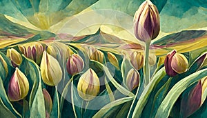 field of tulips against. Spring banner vector illustration