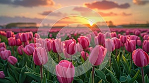 Field of tulips in bloom, sunrise, Holland landscape