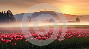 Field with tulips in the early foggy morning