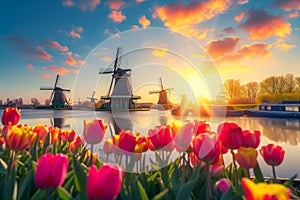 A field of tulips with a large windmill in the background