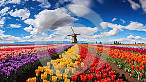 A Field of Vibrant Blooms and a Charming Windmill