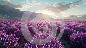 A field of vibrant lavender flowers sways gracefully in the gentle breeze as the sun sets in the background, casting a