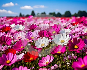 Field of vibrant pink and white cosmos flowers under a clear blue sky