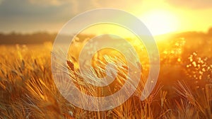 A field of wheat with sun setting in the background, AI