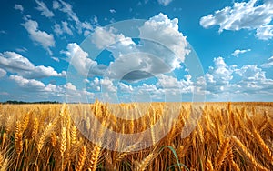 Field of wheat under a sunny blue sky with fluffy white clouds