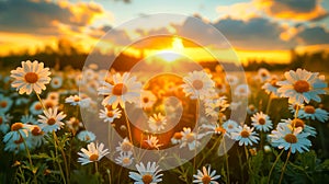 A field of white daisies with the sun shining on them. Flower landscape