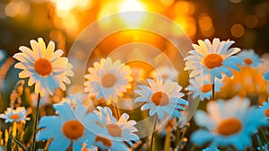 A field of white daisies with the sun shining on them. Flower landscape