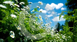 white daisies under a blue sky with fluffy clouds, surrounded by green leaves and foliage, in the bright sunlight