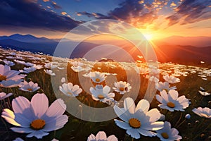 Field with white flowers, daisies at sunset over the mountain ranges. Flowering flowers, a symbol of spring, new life