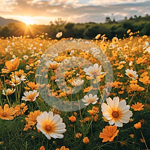 Field of white and orange flowers, sunset background, Meadow, clearing. Flowering flowers, a symbol of spring, new life