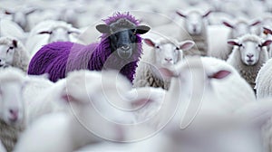 In a field of white sheep, surrounded by their white counterparts. All the sheep are looking at the camera. Generated AI