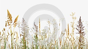 A field of wild grasses with its various shapes and textures, isolated on white background
