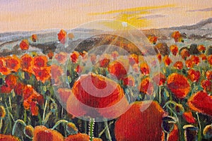 Field of wildflowers red poppies in sunlight watercolor oil painting