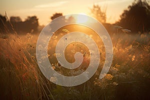 a field of wildflowers with the sun setting in the distance in the distance, with trees in the background, and a field of grass