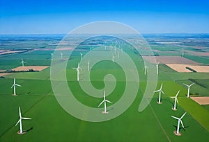 a field with wind turbines in the background and a blue sky