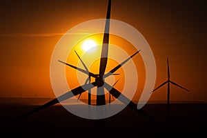 Field of windmill during a beautiful sunset source of green energy great for the environment