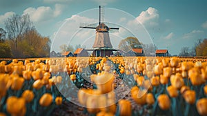 Field of Yellow Tulips With Windmill