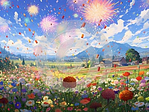 Fields of colorful flowers and beautiful Fireworks in the sky with generated Ai