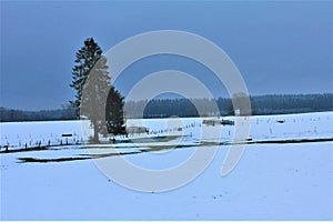 The fields covered by snow in the winter time