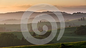 Fields and hills at sunrise near Dolny Kubin in Slovakia