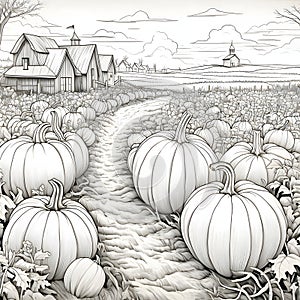 Fields with hundreds of pumpkins in the background of a farmhouse, Halloween black and white picture coloring book