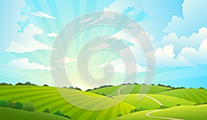 Fields landscape. Scenic green hills nature sky horizon meadow grass field rural land agriculture grassland