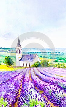 Fields of lavender and white country church